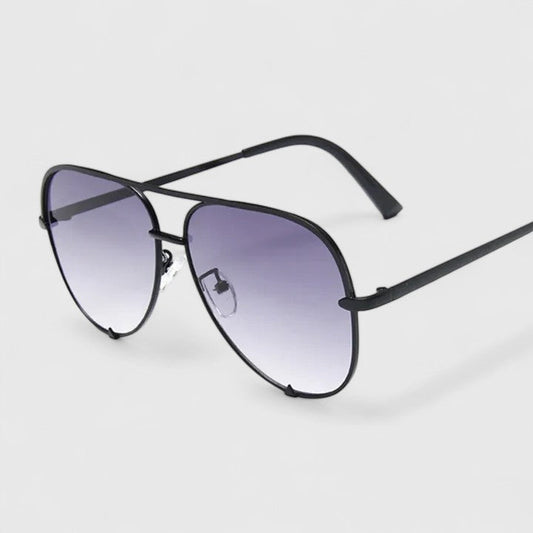 Black sunglasses with gradient purple lenses and slim metal aviator frames