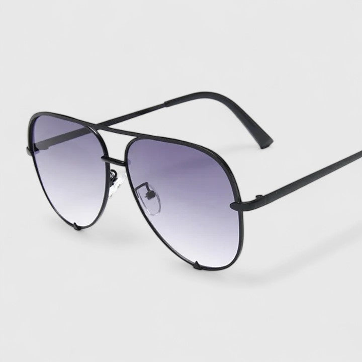 Black sunglasses with gradient purple lenses and slim metal aviator frames