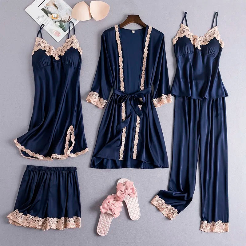 Women’s navy nightwear set with lace-trim robe, babydoll slip, and shorts
