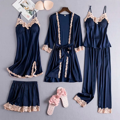 Women’s navy nightwear set with lace-trim robe, babydoll slip, and shorts