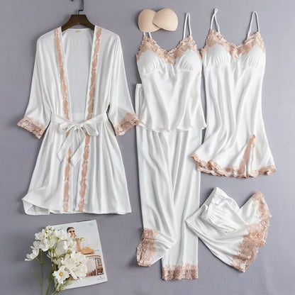 Women’s white nightwear set with lace-trim robe, cami, and matching shorts