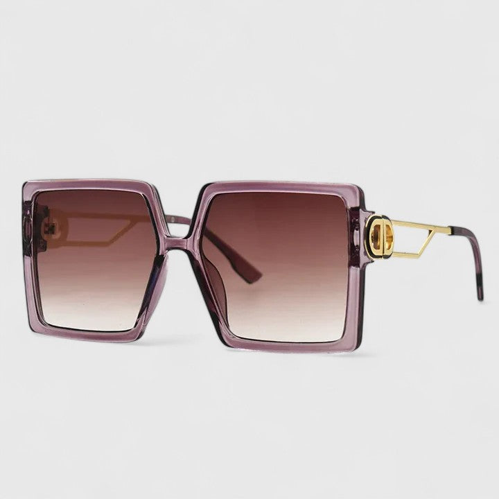 Purple square sunglasses with gold emblem and rose gradient lenses