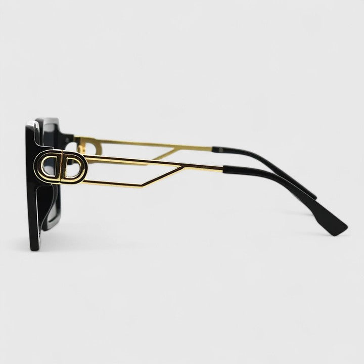 Square sunglasses with gold bridge emblem, black frame, and black temple tips