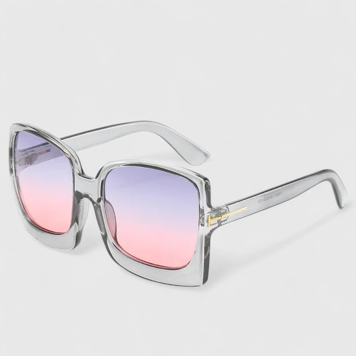 Clear gray square sunglasses with pink gradient lenses and gold-toned bridge detail