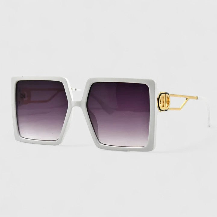 White square sunglasses with purple gradient lenses and gold bridge emblem