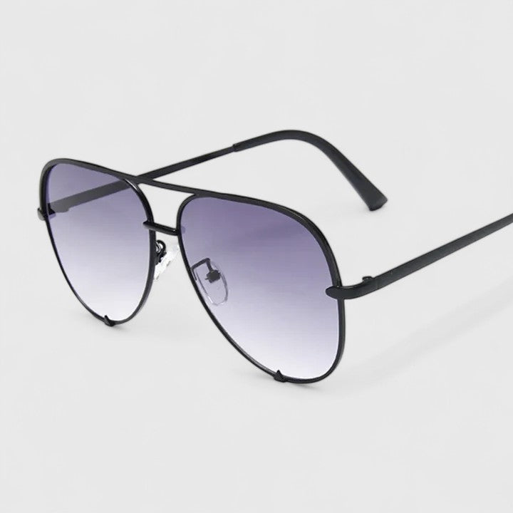 Black sunglasses with gradient purple lenses and slim aviator-style frames