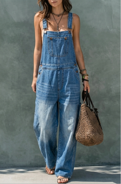 Blue denim elastic-waist jumpsuit with bib front, tiered seams, and wide trousers