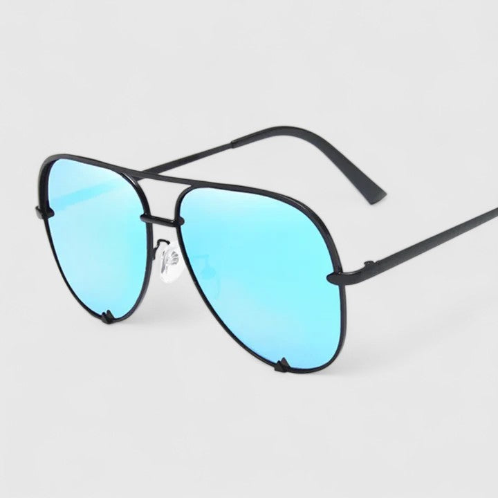 Black sunglasses with bright blue lenses and slim aviator-style frames