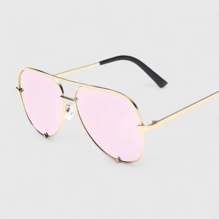 Gold sunglasses with pink lenses and thin black-accented arms