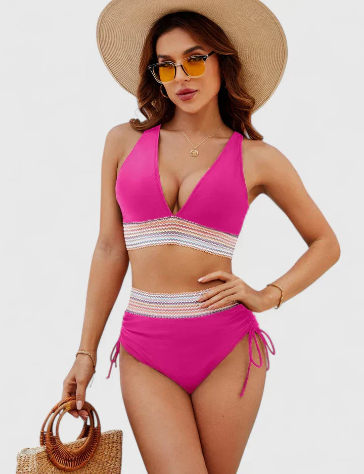 Women’s pink bikini set back view with striped waist band and tie-side bottoms