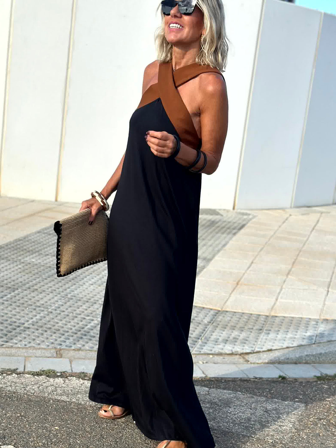 Black crossed halter maxi dress, sleeveless with crisscross straps