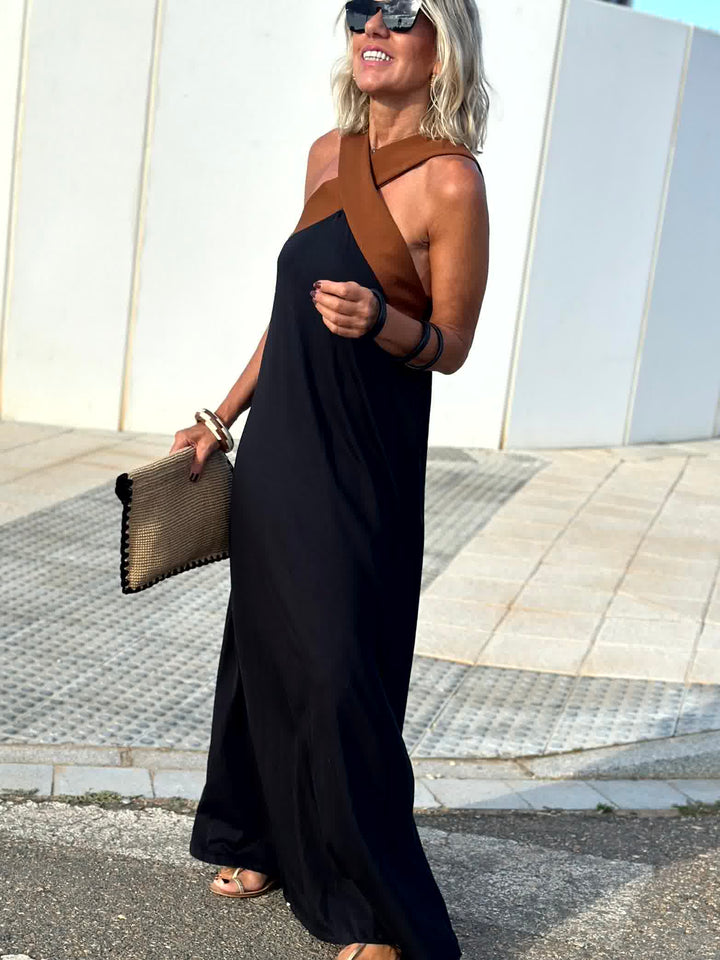 Black crossed halter maxi dress, sleeveless with crisscross straps