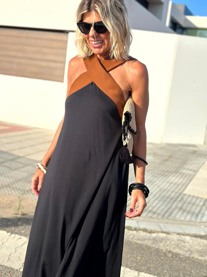 Dark crossed halter maxi dress, sleeveless with crisscross neckline straps