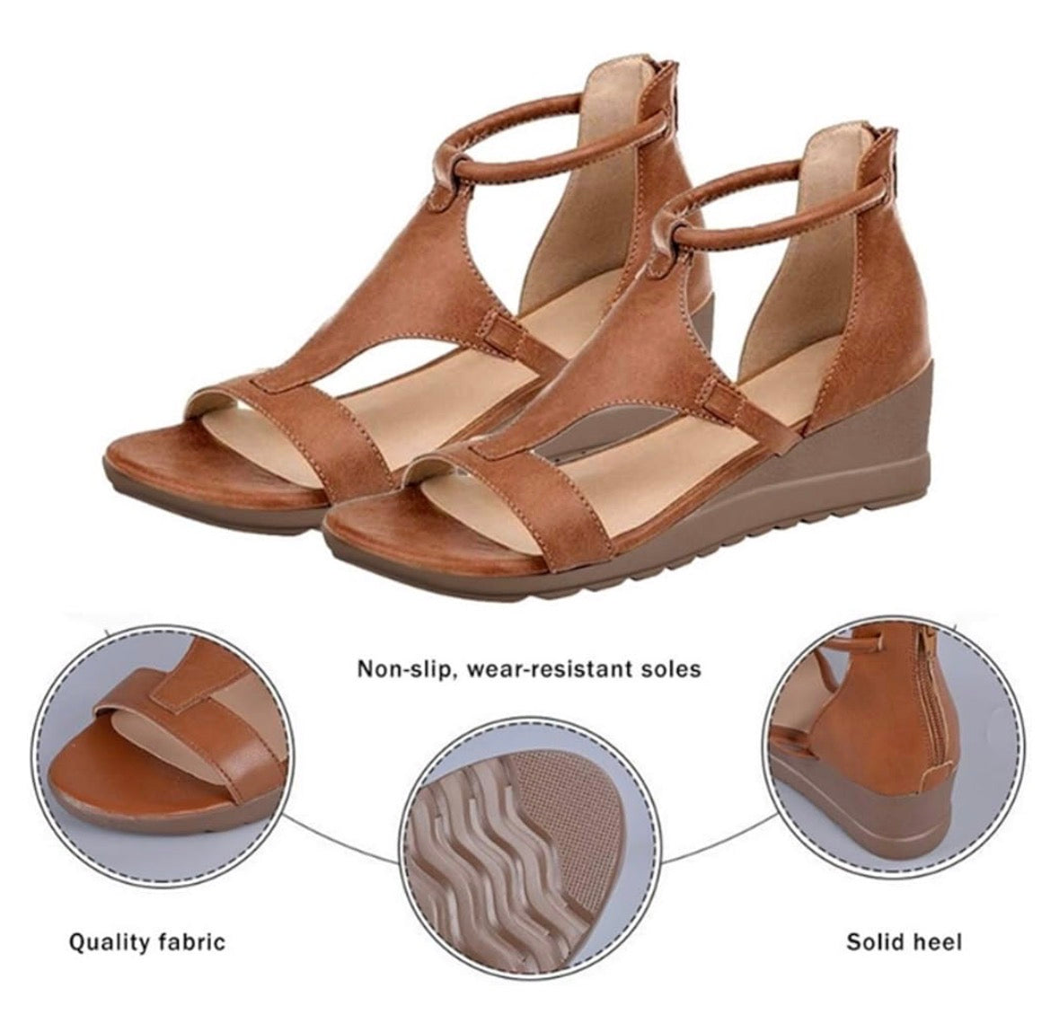 Tan orthopedic sandals with two straps, wedge heel, and non-slip tread sole