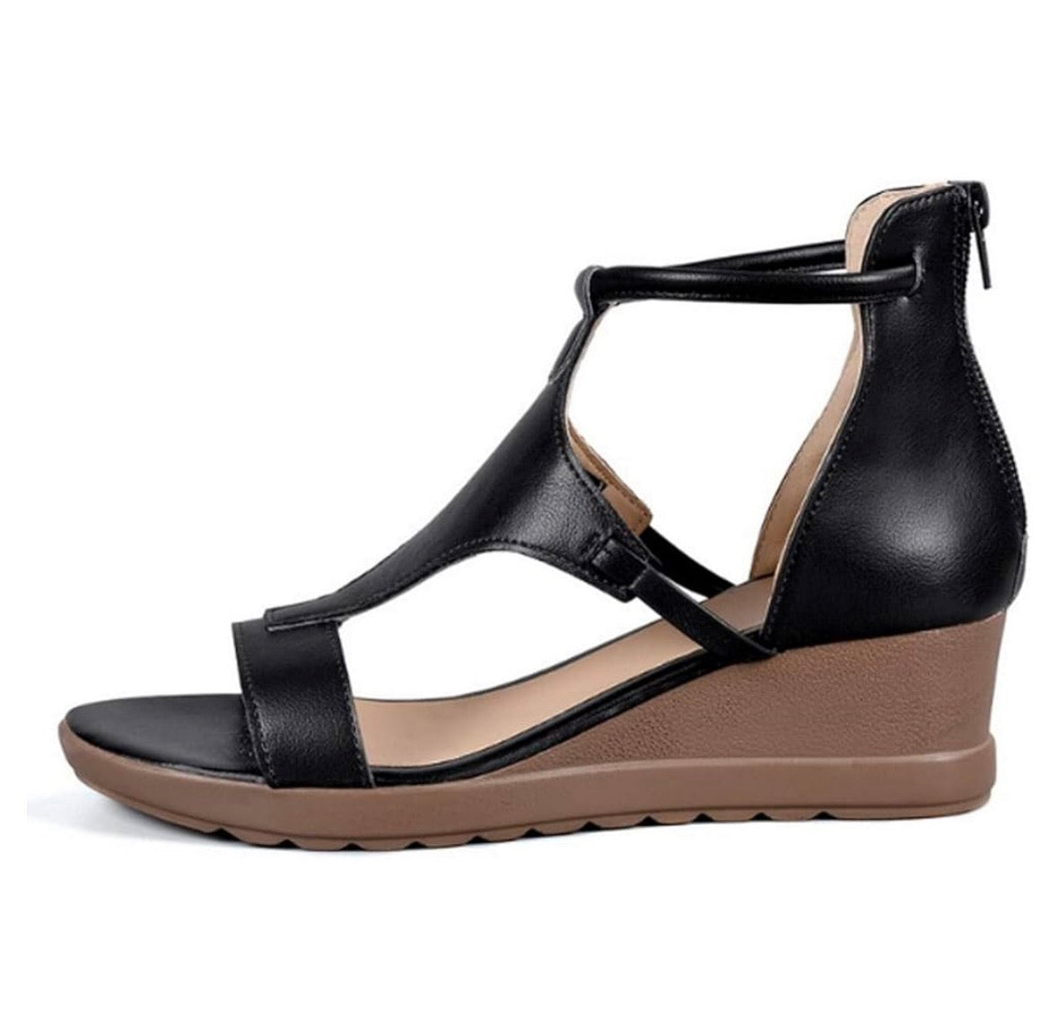 Black orthopedic wedge sandals with open toe and single ankle strap