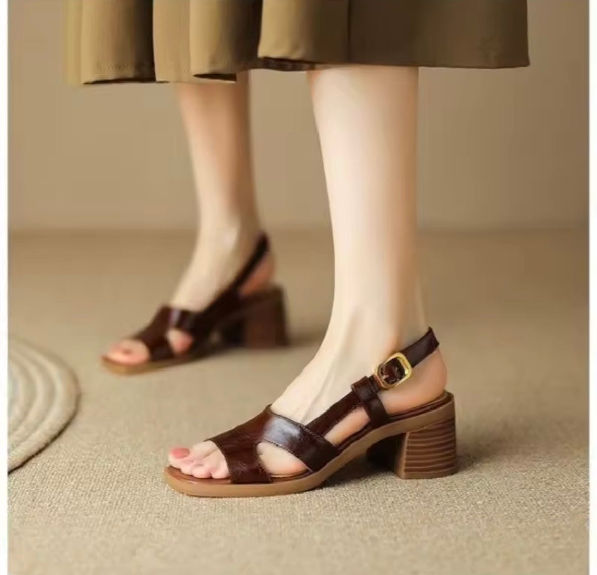 Brown orthopedic comfy heeled sandals with buckle strap and open toe