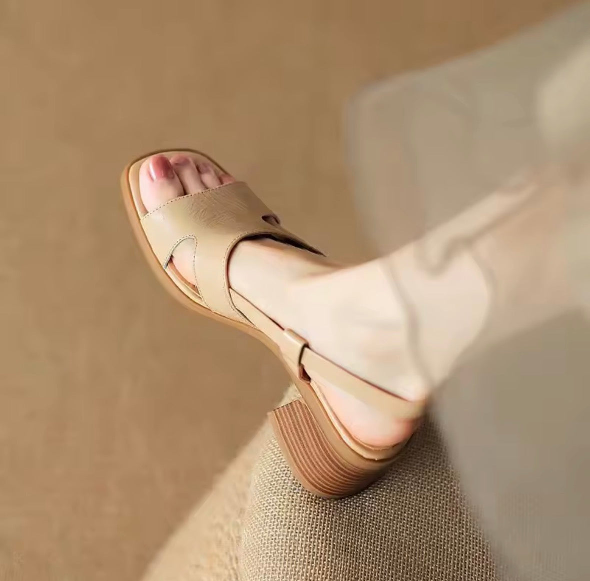 Apricot orthopedic comfy sandals with wide strap and cushioned heel