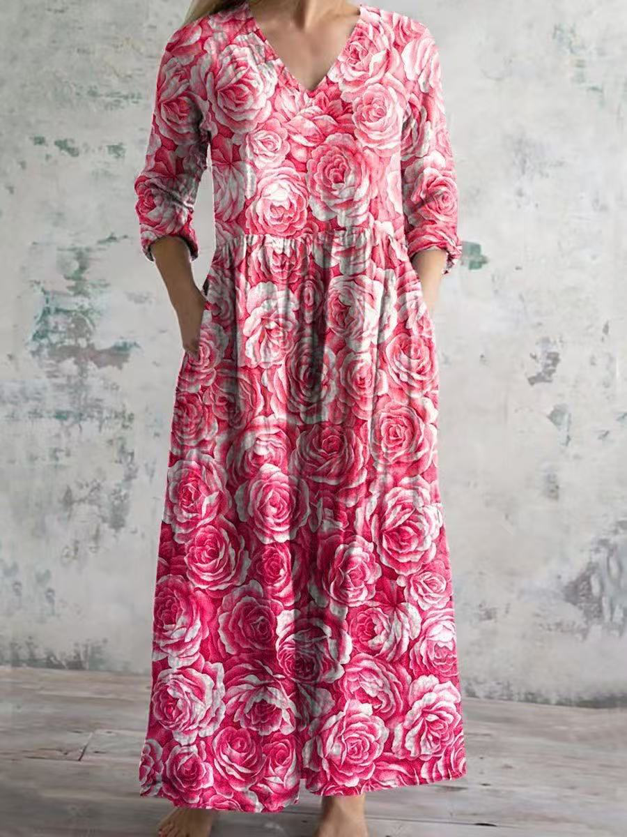 Pink floral V-neck maxi dress with gathered waist and three-quarter sleeves