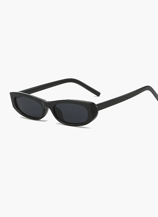 Black oval sunglasses with dark lenses and slim arms