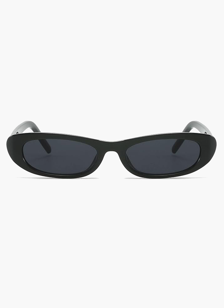 Black oval sunglasses, front view, with dark lenses