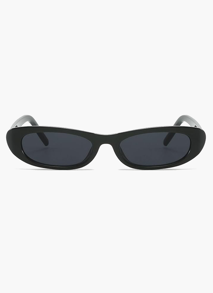 Black oval sunglasses, front view, with dark lenses