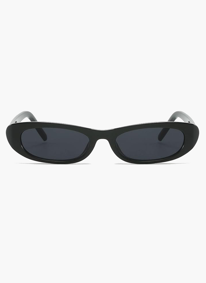 Black oval sunglasses, front view, with dark lenses