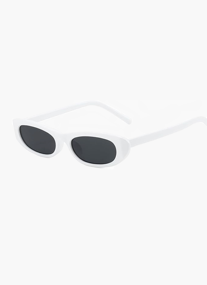 White oval sunglasses with dark lenses and curved arms