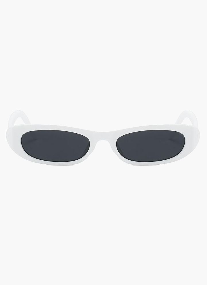 White oval sunglasses with dark lenses and curved arms