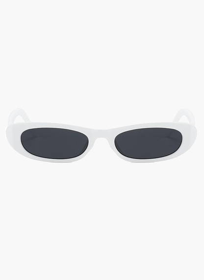 White oval sunglasses with dark lenses and curved arms