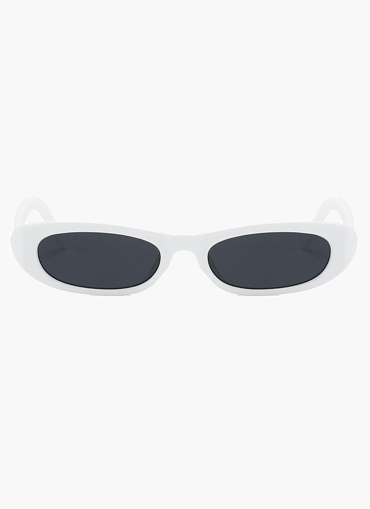 White oval sunglasses with dark lenses and curved arms