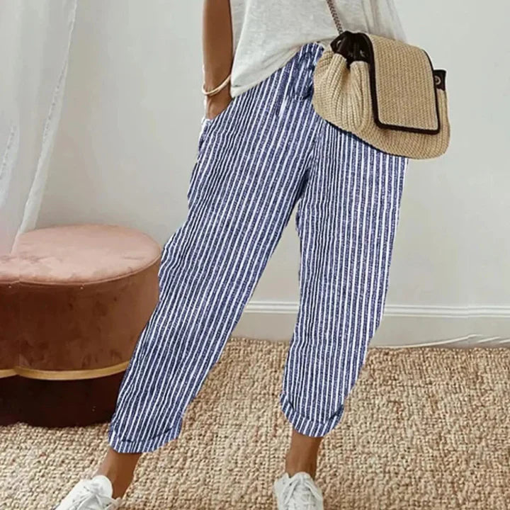 Blue and white vertical striped retro pants, cropped 7/8 length