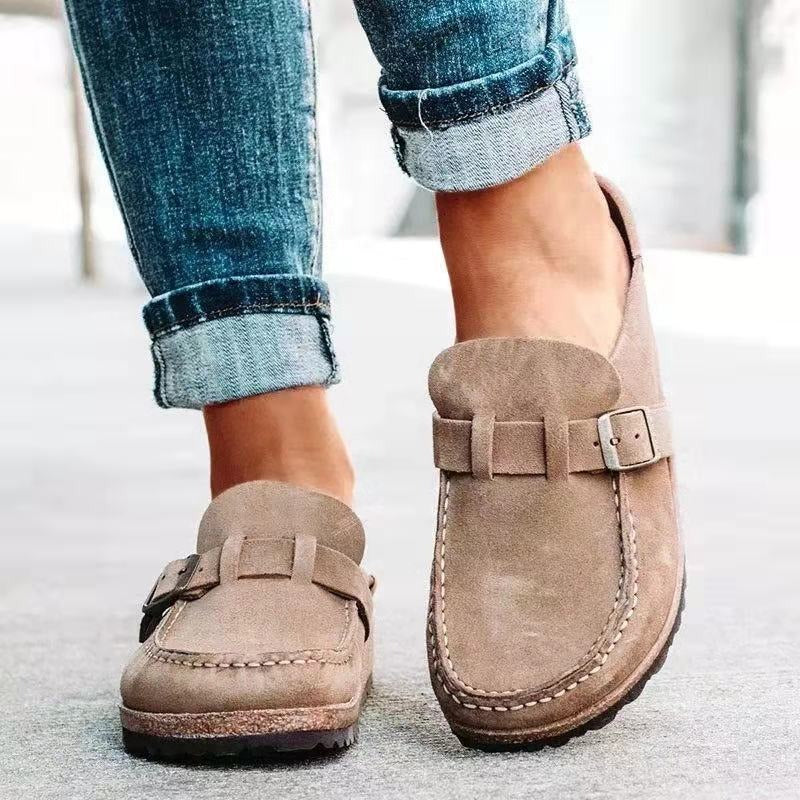 Heidi orthopedic slippers in taupe suede with strap and silver buckle detail