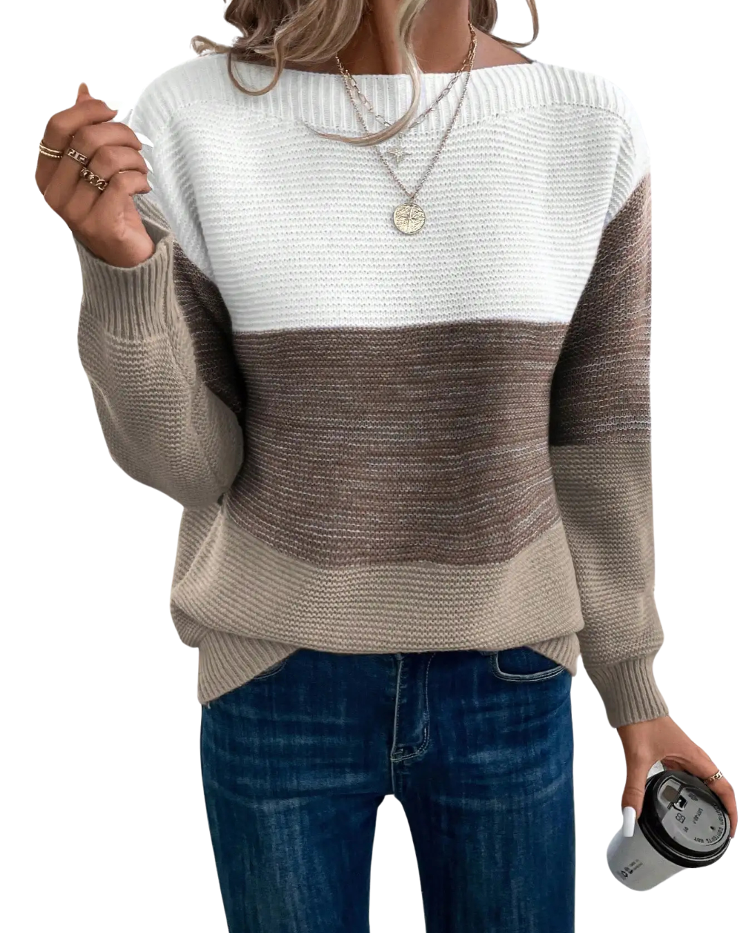 Soft fade knit jumper, white upper with taupe lower panel and ribbed crew neck cuffs