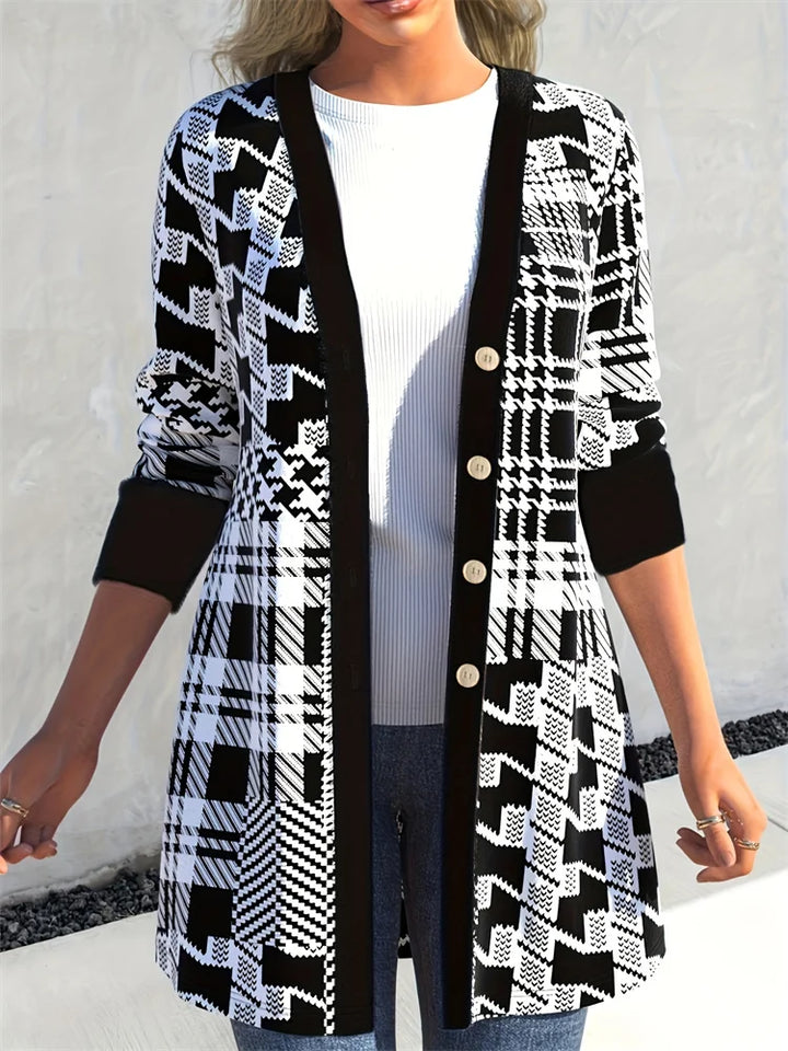 LEONA™ geo-print cardigan, black-and-white zigzag knit with gold buttons