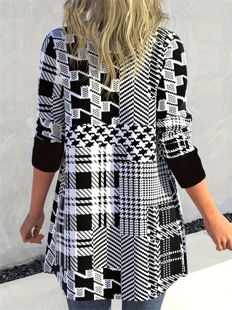 LEONA™ geo-print cardigan, black-and-white patterned knit with gold buttons