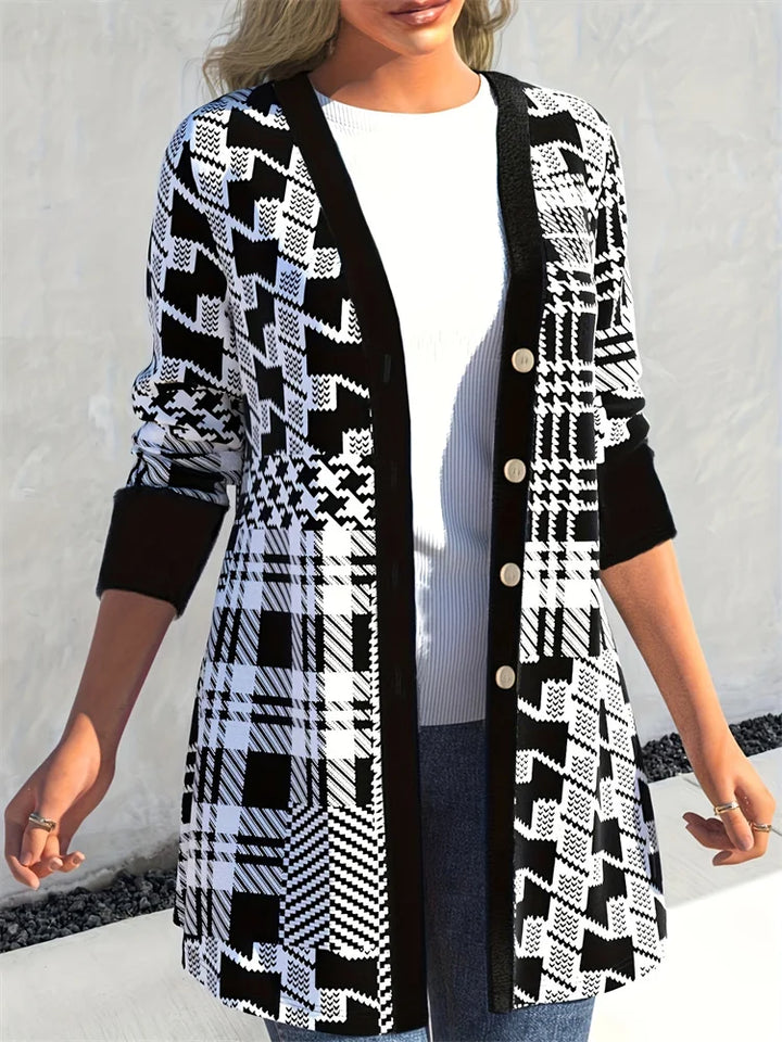 LEONA™ geo-print cardigan, black-and-white open-front zigzag knit with gold buttons