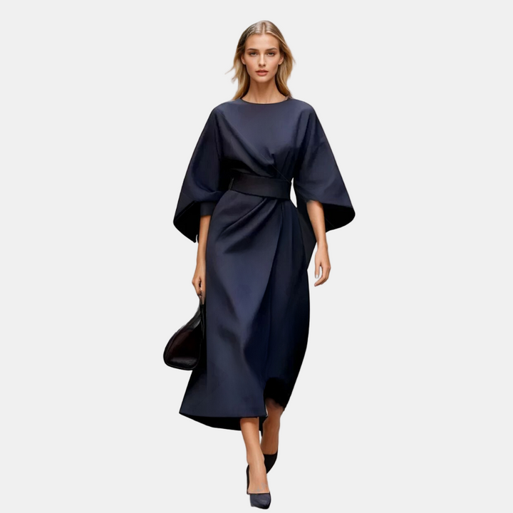 Navy lantern-sleeve midi dress with wrap-style tie at waist
