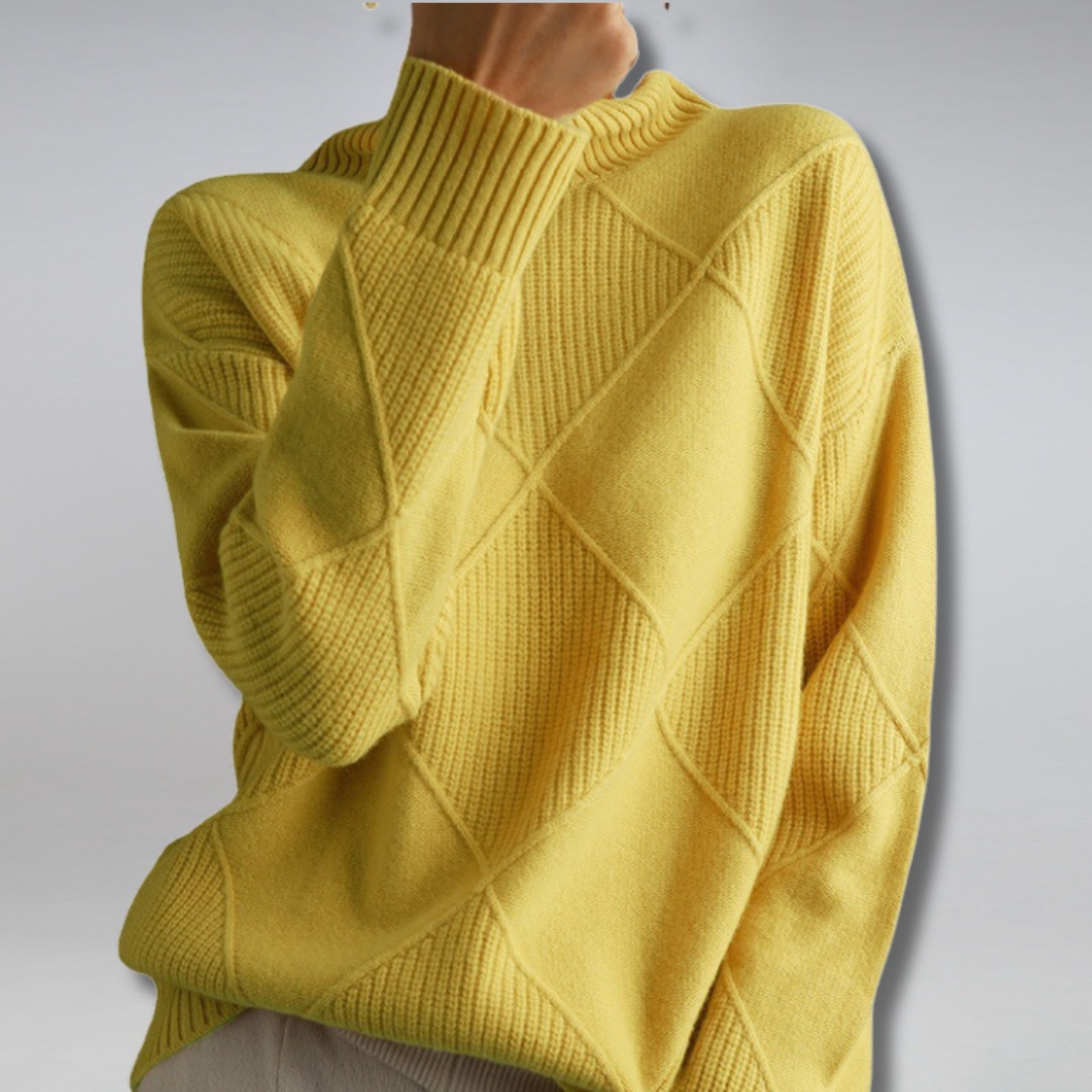Yellow ribbed turtleneck pullover with crisscross cable pattern on back