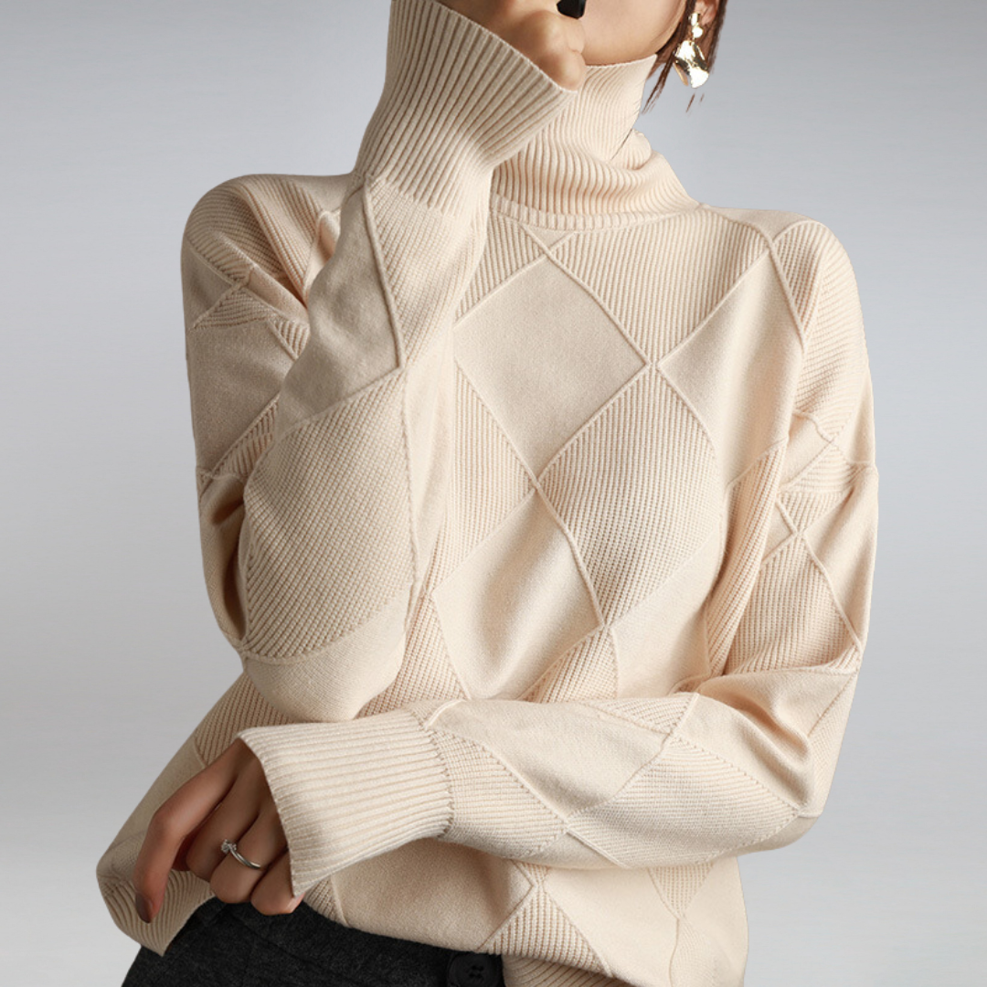 Ivory ribbed turtleneck pullover with diamond and cable pattern, long sleeves