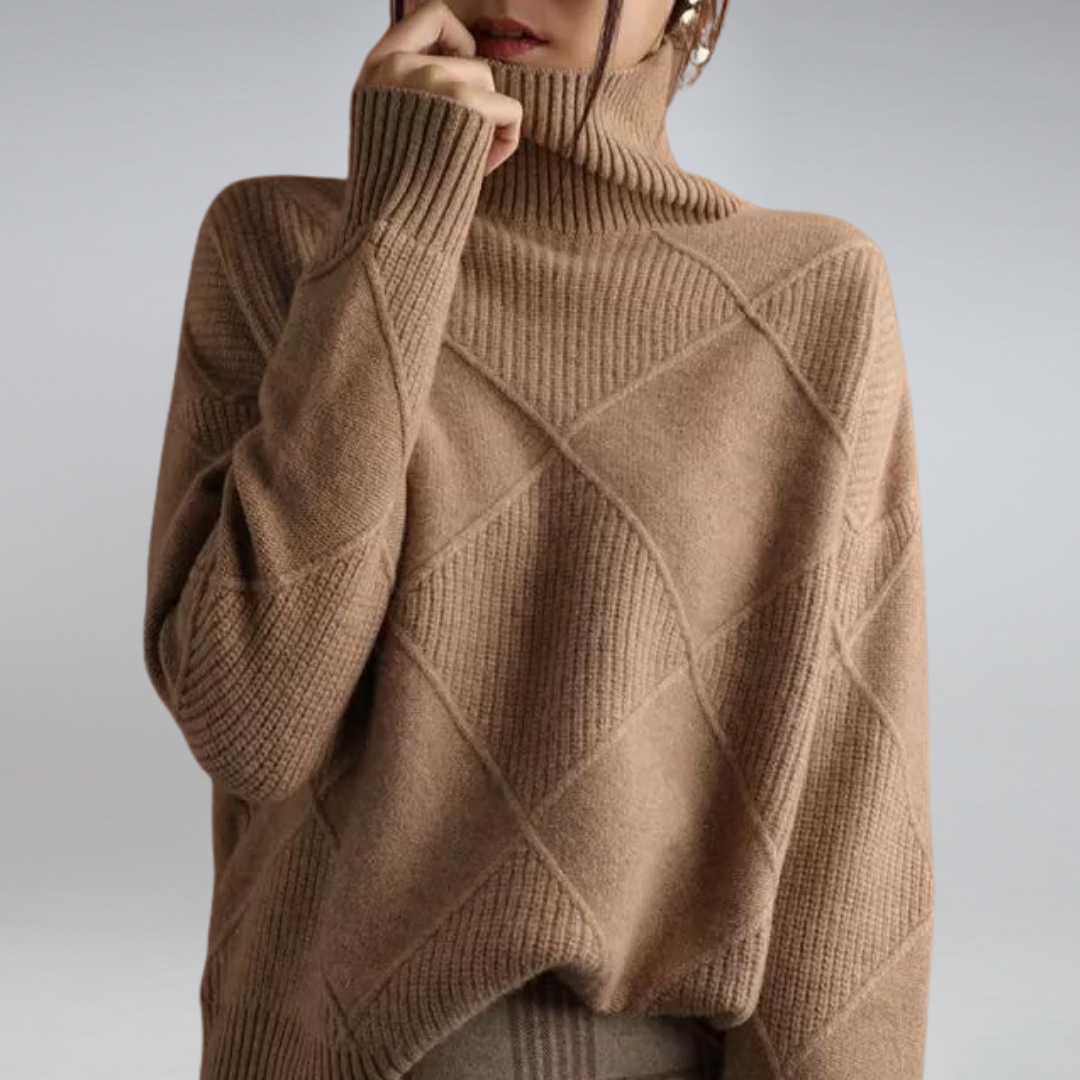 Beige ribbed turtleneck pullover with crisscross cable pattern on back