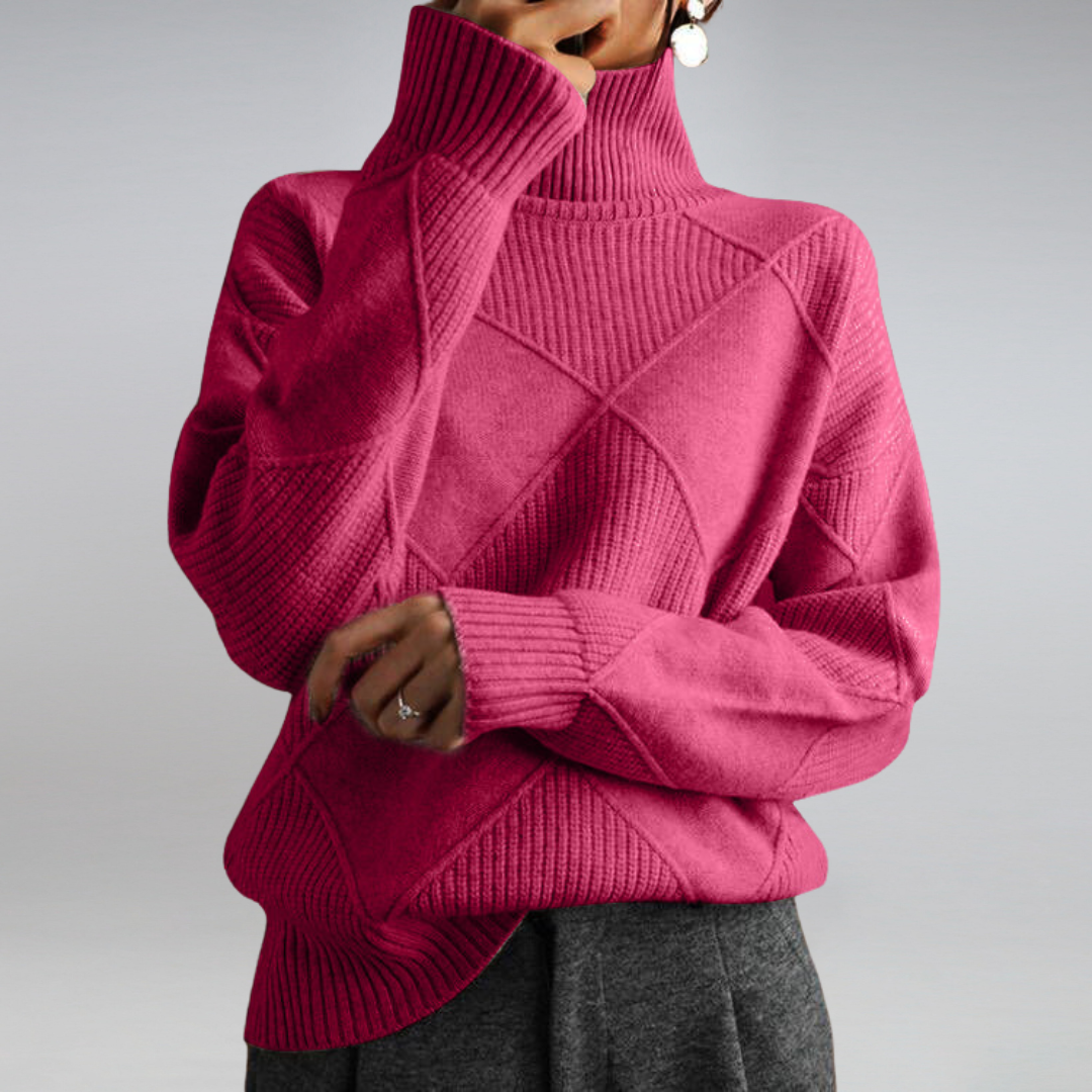 Pink ribbed turtleneck pullover with crisscross cable pattern on back