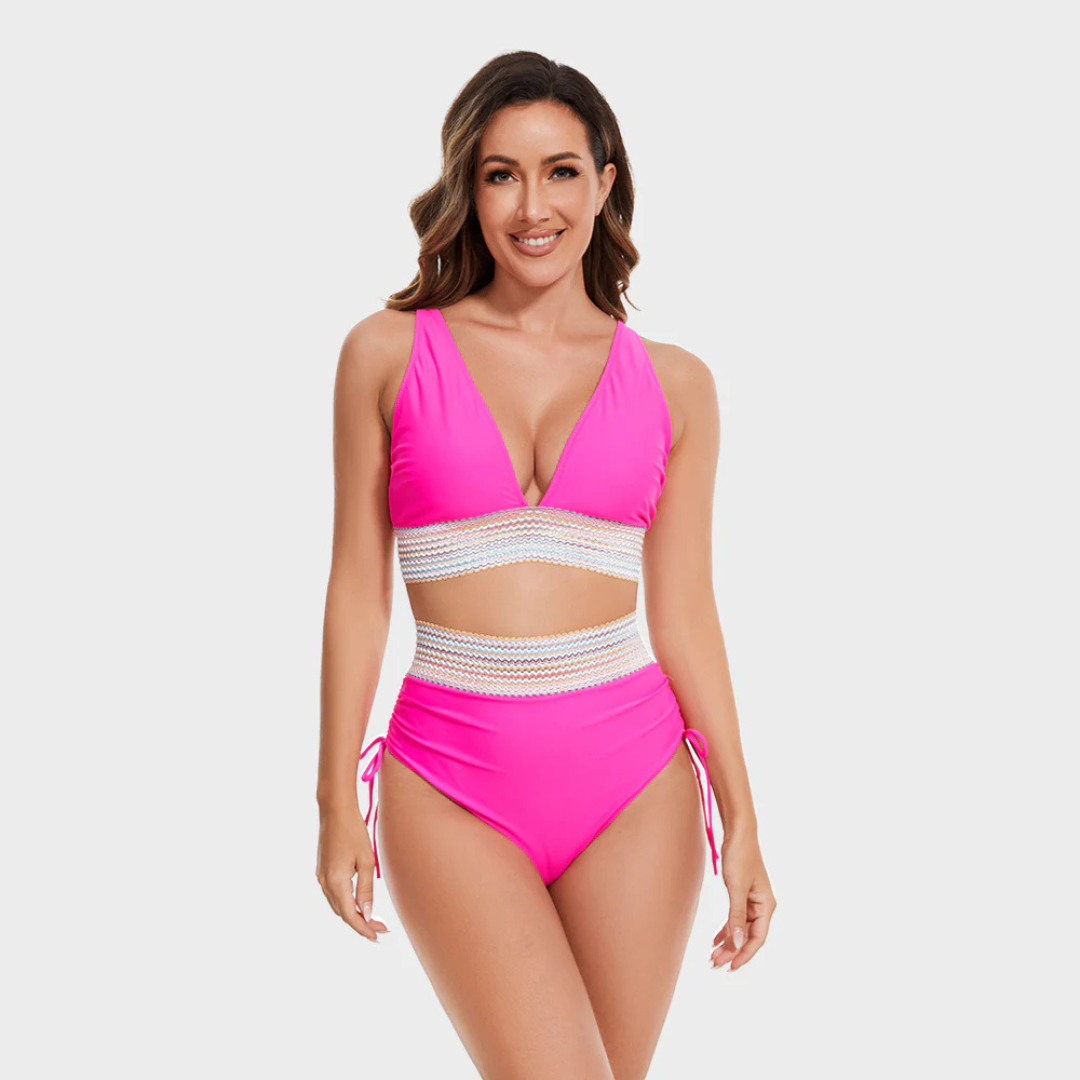 Women’s pink bikini set with deep V top, striped waist band, and tie-side bottoms