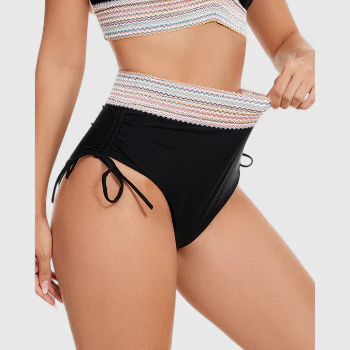 Black bikini bottoms with striped waistband and side tie details