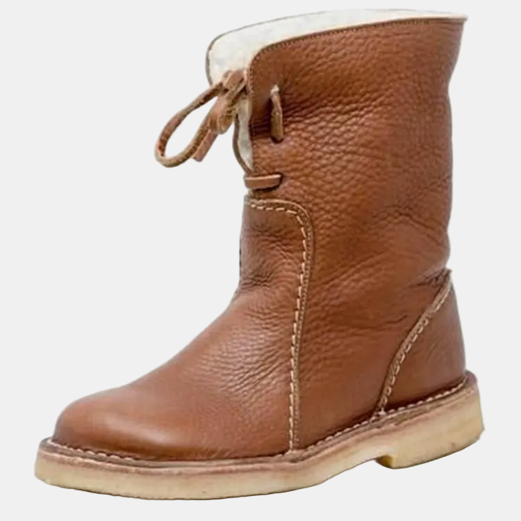 Brown leather winter boot with lace-up front, padded collar and beige outsole