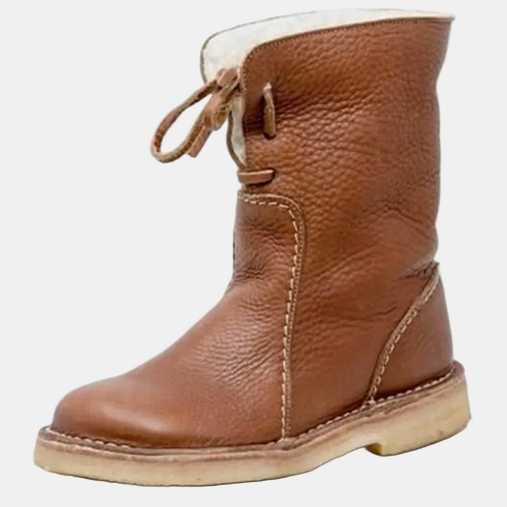 Brown leather winter boot with lace-up front, padded collar and beige outsole