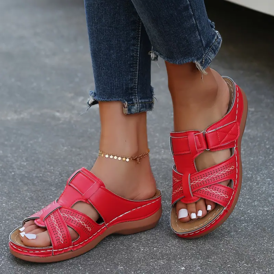 Vivian red ergonomic sandals with adjustable straps and perforated toe panels, thick sole
