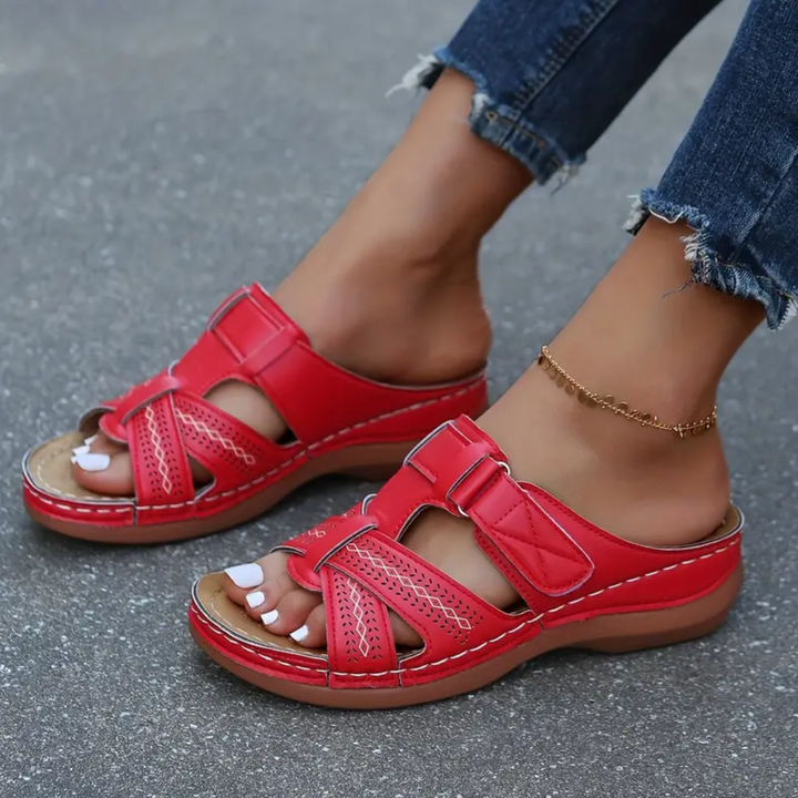 Vivian red ergonomic sandals with two buckles and perforated side panels, cushioned sole