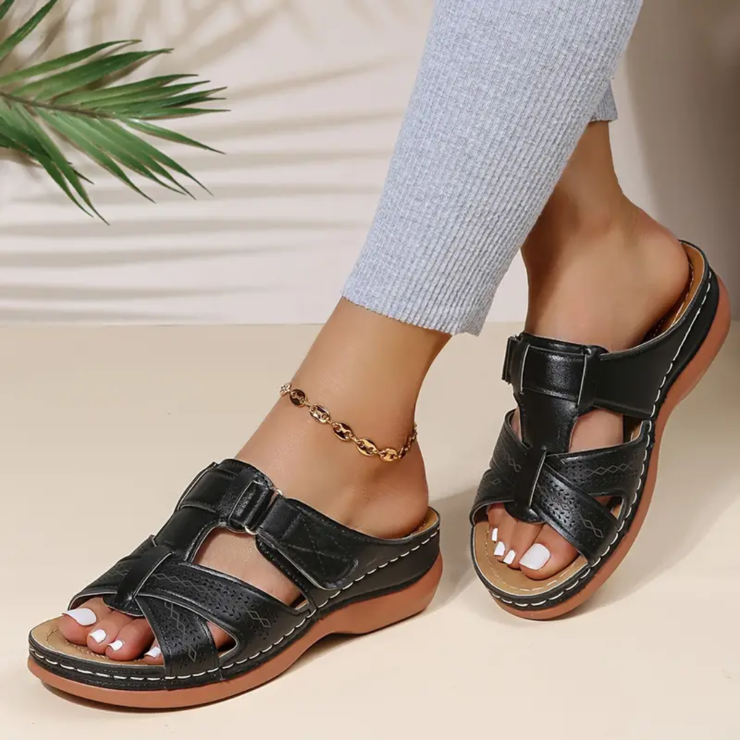 Black ergonomic sandals with two wide hook-and-loop straps and perforated toe panels