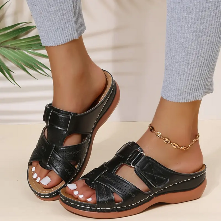 Vivian black ergonomic sandals with two buckles and perforated straps, cushioned sole
