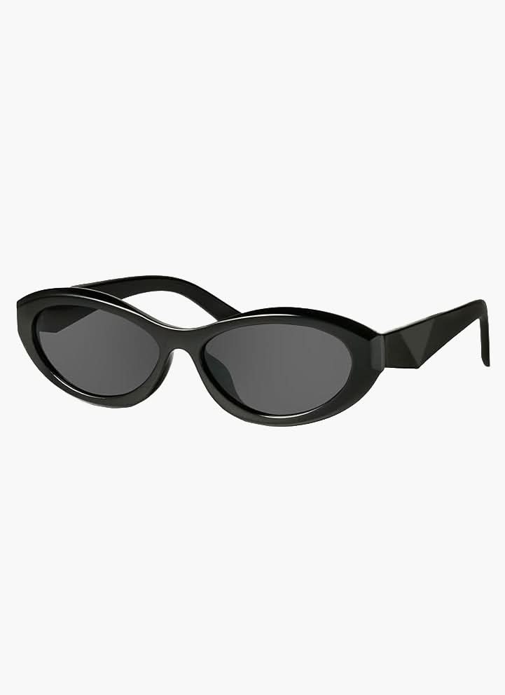 Black cat-eye minimalist sunglasses with dark lenses and slim arms
